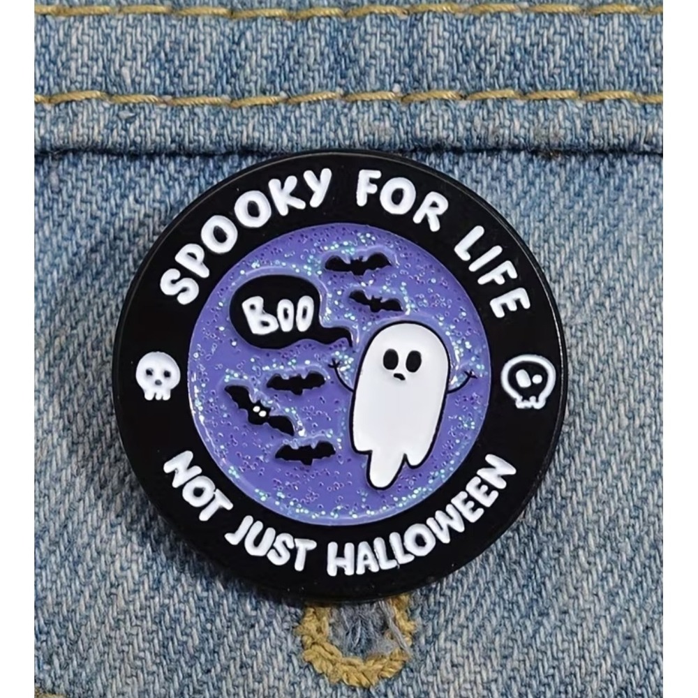 Spooky For Life Not Just Halloween Ghost Enamel Pin Glitter Purple Round Badge